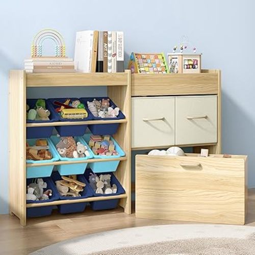 Toy Storage Organizer for Kids, 9-Bin Toy Organizer with 2-Drawers,Movable Toy Chest and Top Rack, Kids Bookshelf and Toy Storage for Playroom, Bedroom, Nursery, Blue