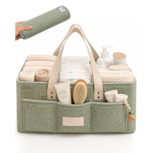 Baby Diaper Caddy Organizer with Portable Changing Mat - Teddy Fleece Diaper Organizer for Changing Table - Basket for Changing Essentials - Baby Essentials Organizer with Removable Dividers