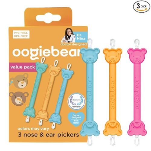 oogiebear: Baby Nose Cleaner & Ear Wax Removal Tool - Safe Booger & Earwax Removal for Newborns, Infants, Toddlers - Dual-Ended - Diaper Bag Must-Have - 3 Pack with a Pouch, Colors May Vary