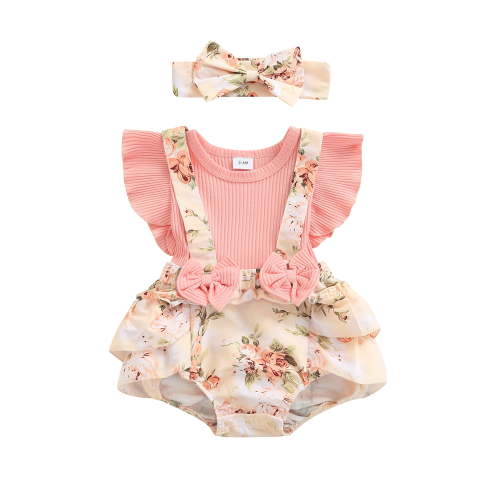 VOLTEY Infant Baby Girls Summer Romper 0 3 6 9 12 18 Months Pink Floral Printed Pattern Fly Sleeves Romper and Bow Knot Headdress