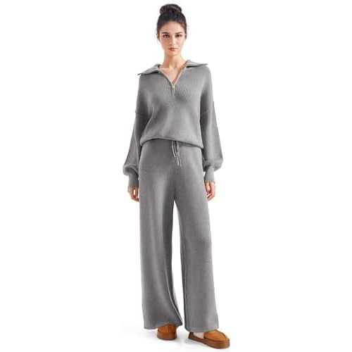SUUKSESS Women 2 Piece Lounge Sets Oversized Quarter Zip Pullover Wide Leg Pants