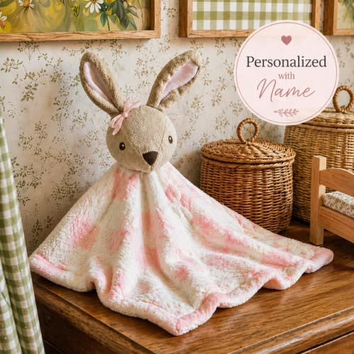 Personalized Baby Blanket Brown Bunny Security Lovey Soft Pink Gingham Fabric Buttery Cuddle Buddy Nursery Sleep Heirloom Cottage Core