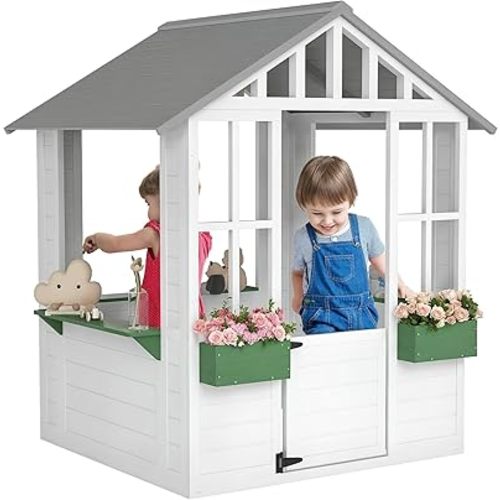 Outsunny Outdoor Playhouse Wooden Kids Playhouse with Working Door, Windows, Kids Cottage with Flowers Pot Holder for Backyard, Garden, Indoor Playroom Imaginative Play, White