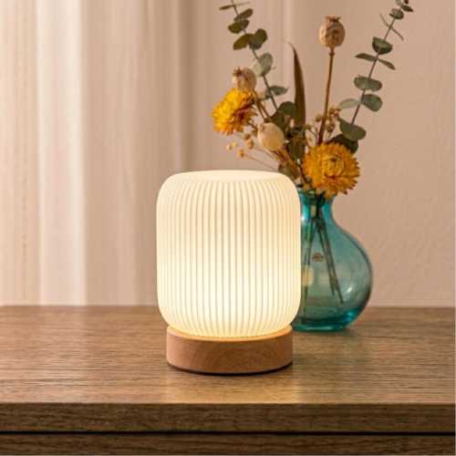 Cordless Dimmable Touch Lamp - Mini Pleated Bedside Lamp, Rechargeable Ambient Light, Type-C Charging, Wooden Table Lamp, Cozy Gift for Home