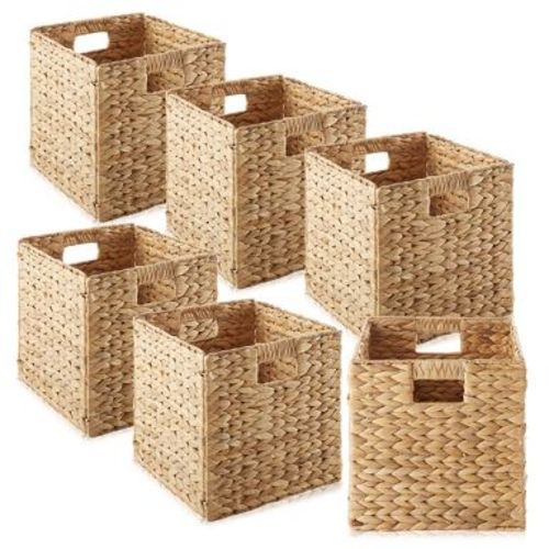 Casafield 10.5" x 10.5" Water Hyacinth Storage Baskets, Natural - Set of 6 Collapsible Cubes, Woven Bin Organizers for Bathroom, Bedroom, Laundry