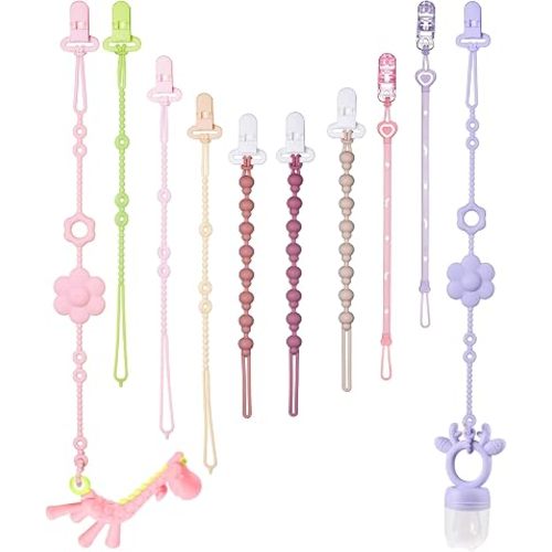 Pacifier Clip & Toy Strap 2-in-1 Combo, 8 Binky Clips, 2 Toy Tethers