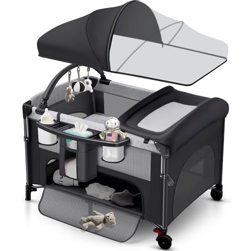4 in 1 Baby Bassinet Bedside Crib with One-Hand Setup & Waterproof Mattress – ASTM-Certified Pack and Play, Portable Foldable Playard with Diaper Changer for Newborn to Toddler(Black)