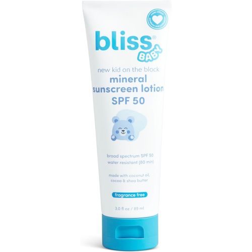 Bliss Baby Sunscreen For Kids & Adults, Premium SPF 50 Mineral Lotion, Natural Zinc Oxide, Hypoallergenic & Dermatologist Tested, Fragrance-Free, Water Resistant, Shea Butter, Coconut Oil - Vegan