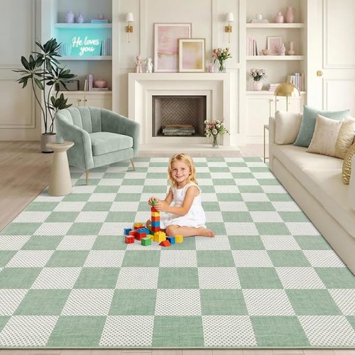 Checkered Sage Green 8x10 Area Rugs for Living Room Geometric Diamond Dot Modern Soft Low-Pile Girls Large Rug for Bedroom Nursery Living Room Entryway Non-Slip TPE Backing