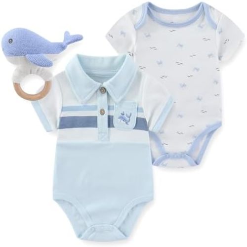 Sperry Baby Boys 2 Pack Interlock Bodysuit with Shark Rattle for Newborn and Infant