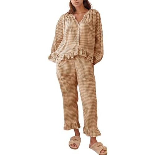 Flygo Womens Plaid Pajamas Sets 2 Piece Cotton Pj Set Puff Sleeve Ruffle Babydoll Shirt Gingham Pants Lounge Sets