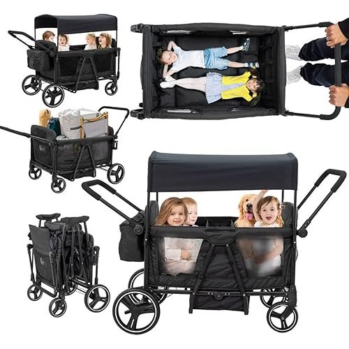 Luxury 4 Seater Wagon Stroller All-Terrain Baby Tandem for 2 3 4 Kids –Push&Pull Foldable Wagon with 5-Point Harness,Adjustable Canopy,Snack Tray for Toddlers’ Beach,Park & Outdoor Adventures