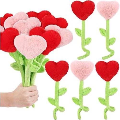 10 Pcs Plush Heart Flower Stuffed Bendable Stems Plush Bouquet Toy Soft Rose Flower 12.6 Inch for Christmas 2026 Mother's Day Girl Girlfriend Wife(Red and Pink Heart)