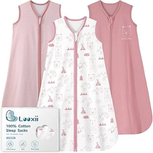 Looxii Baby Sleep Sack 0.5 TOG, 100% Cotton 3 Pack Wearable Blanket Baby Sleep Bag for Newborn Infant, 2-Way Zipper Lightweight Toddler Sleeping Sack 6-12 Months