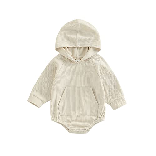 xiqaalombvt Infant Baby Boy Girl Fall Clothes Hoodie Pullover Sweatshirt Romper Solid Color Long Sleeve Onesie Outfit (Corduroy Beige, 6-12 Months)