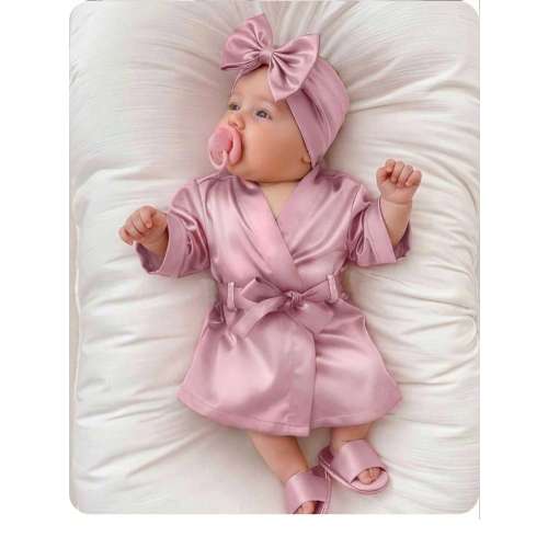 Cute Summer Light Pink Newborn Baby Girls 3-Piece Pajamas Set,Family Matching Bow-Tie Robe,Slippers,Hat Photography Prop,Comfortable Casual Home Wear | SHEIN