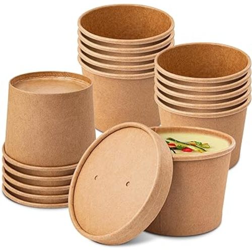 50 Pack Soup Containers with Lids, Disposable and Biodegradable Ice Cream Cups Kraft 12oz Paper Soup Bowls with Lids for Hot Drinking, Food, and Ice Cream (50 sets, 12 oz)