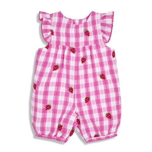 Strawberry Embroidered Gingham Cotton Seersucker Romper, 3-6M