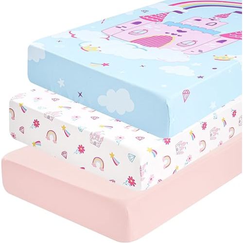 PHF 3 Pack Soft Castle Crib Sheets Fitted, Comfy Breathable Baby Sheets for Girls, 28x52 Inches Fits Standard Crib and Toddler Mattresses, Castle