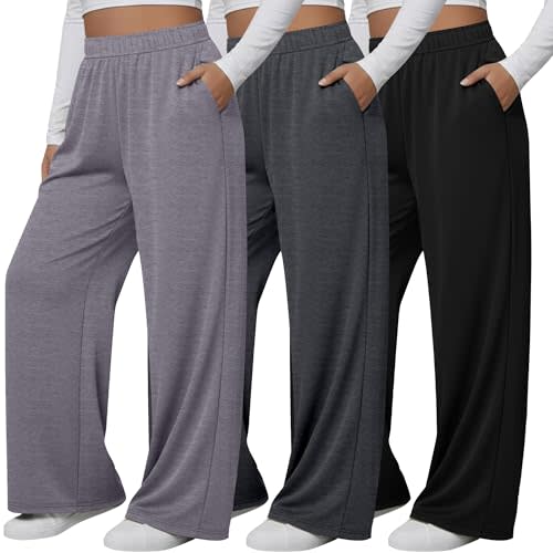 Neer 3 Pack Plus Size Pants Wide Leg Lounge Pants | Casual Baggy Sweatpants with Pockets, Drawstring, Loose, Open Bottom, Stretchy, Soft, Joggers Workout, Work, Lounge Home