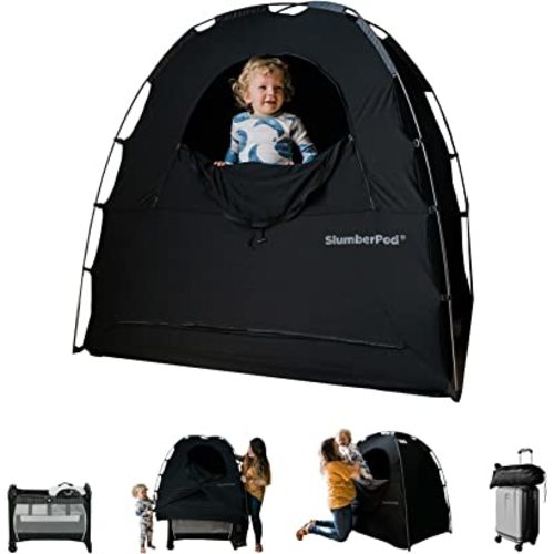SlumberPod Portable Privacy Pod Blackout Canopy Crib Cover, Sleeping Space for Age 4 Months and Up, Pack n Play Blackout Cover, Baby Travel Crib Canopy (Black/Grey 2.0)