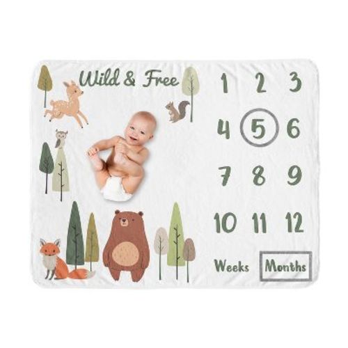 Sweet Jojo Designs Boy, Girl, Unisex/Gender Neutral Baby Milestone Blanket Woodland Animal Pals Green, Beige, Brown & Orange