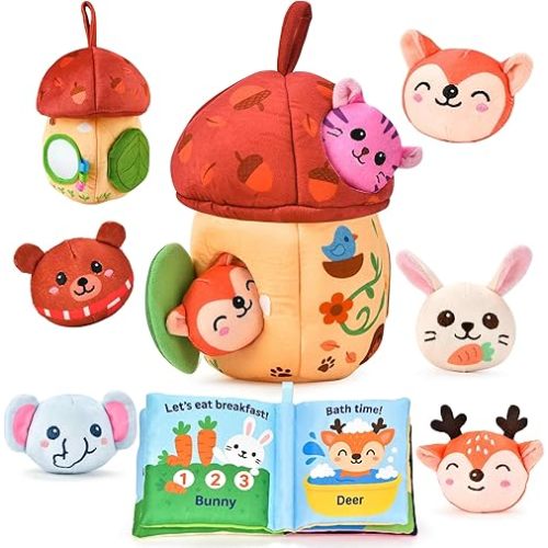 8-in-1 Montessori Toys for 1 Year Old & 6–12 Months Babies — Sensory Developmental Playset with Acorn House, Plush Animals & Cloth Book for Fine Motor Skills, Sorting, Counting & Early Learning