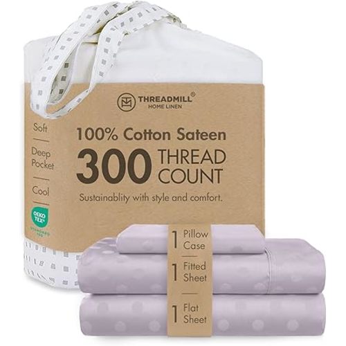 Threadmill Cotton Twin Sheet Set | 100% Cotton Sheets for Twin Size Bed | Damask Jacquard Sateen Twin Bed Sheets Set with 16” Deep Pocket | Soft Breathable 3-Piece Cooling Sheet Set | Lilac