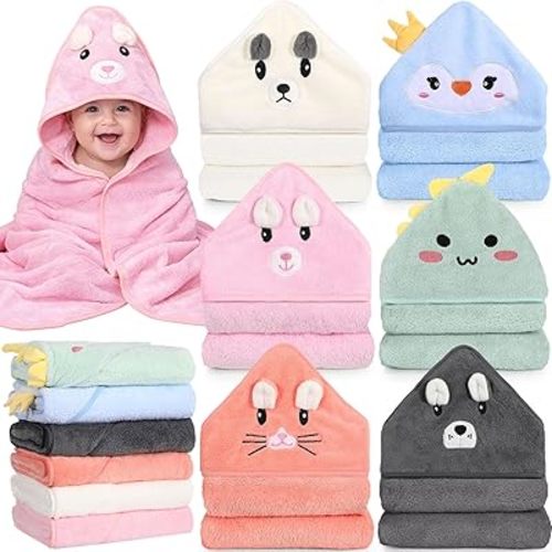 6 Pack Baby Hooded Towels Coral Fleece Baby Bath Towels 31.5 x 31.5 Inch Soft Absorbent Hooded Bath Blanket for Newborn Toddler Infant Boy Girl Shower Gift Supplies(Multicolor,Stylish)