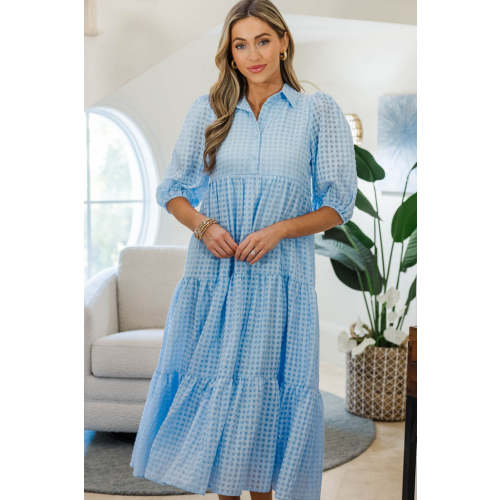 NURSING COLLECTION: Love Found Light Blue Gingham Tiered Midi Dress