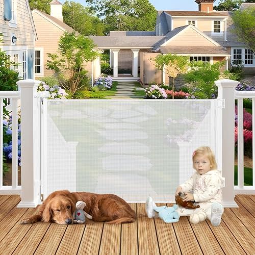 Weatherproof Outdoor Retractable Gate for Dogs with No Rust Screws and Rods, 72" Wide Waterproof Outdoor Dog gate, 6 ft Scratch-Resistant Mesh Safety Retractable Baby Gates for Parents and Pet Owners