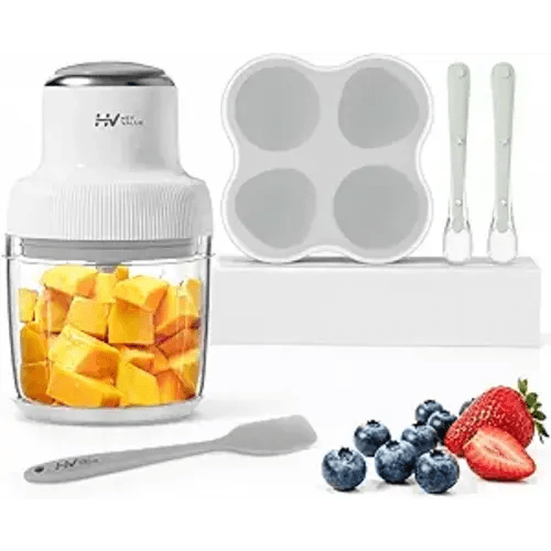 HEYVALUE 20 Oz Glass Baby Food Maker with Silicone Spoons, Spatula, Grey | One-Touch Blending, Baby & Pet Large Food Processor Set, Feeding Every Stage, Effortless Cleaning, Dishwasher Safe, BPA-Free