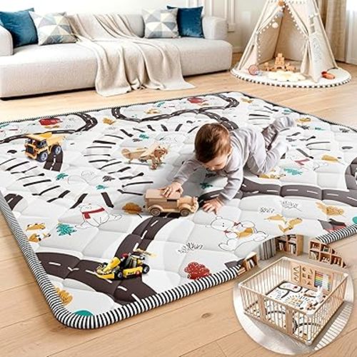 Palopalo 47x47 Foam Baby Floor Play Mat with Train Track Design - 0.8in Thick Cushioning Playmat for Safety, Non-Slip Playpen Mat for Infants & Toddlers, Perfect for Sensory & Motor Skill Development