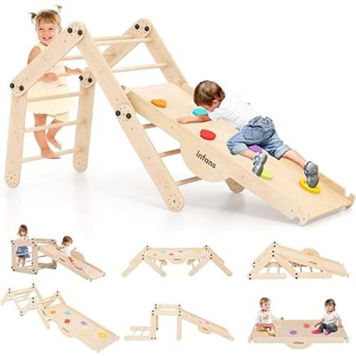 INFANS 12 in 1 Climbing Toys for Toddlers, Upgrade Wooden Montessori Foldable Triangle Climber Set with Reversible Ramp Slide Ladder Seesaw, Indoor Pikler Climb Activity Jungle for Kids Age 3+