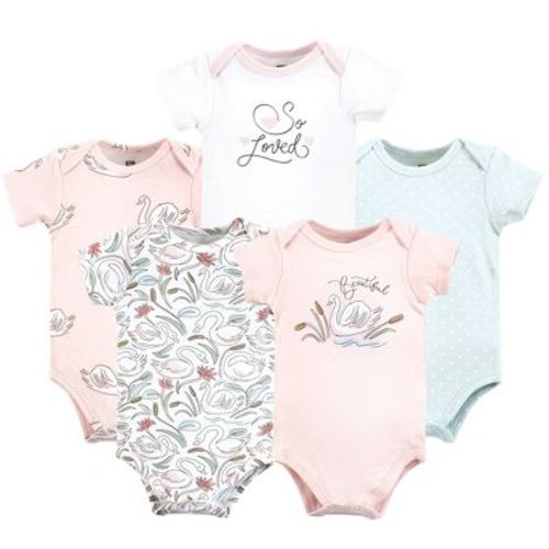 Hudson Baby Infant Girls Cotton Bodysuits 5-Pack, Swan, 3-6 Months