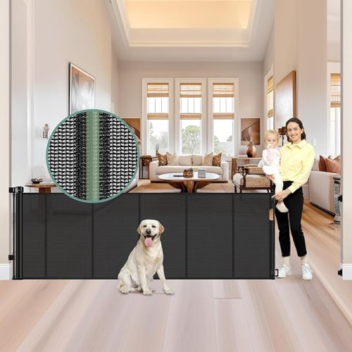 Reinforced 159 Inch Extra Wide Baby Gate for Large Opening with Support Rod, Indoor/Outdoor Retractable Baby Gates Extra Wide, Prevent Babies and Dogs from Crawling Through Retractable Dog Gate, Black