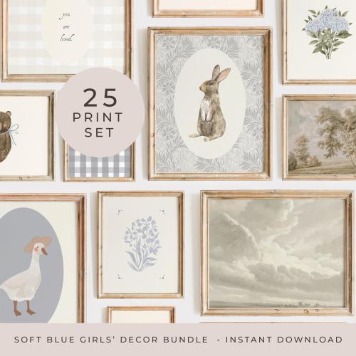 Powder Blue Girl Nursery Gallery Wall Set of 25 Girls Room Print Set Girl Vintage Nursery Print Digital Soft Blue Room Decor Girls Room Art