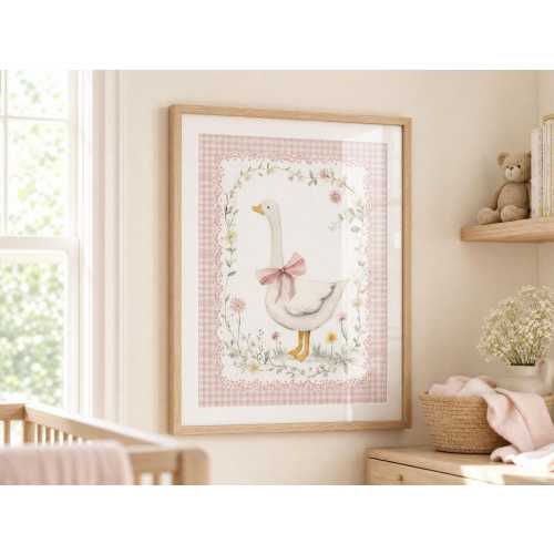 Floral Goose Nursery Wall Art - Vintage Pink Baby Girl Room Decor, Cottagecore & Farmhouse Nursery Print, Baby Shower Gift, Storybook Print