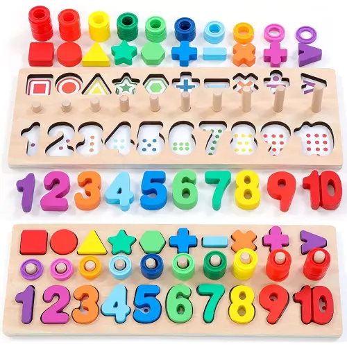 Wooden Montessori Toys for Kids Toddler Number Puzzles Sorter Counting Shape Stacker Stacking Game Preschool Toys for Boy Girl Learning Education Math Blocks 1 Year Old Girl Gifts (Rainbow)