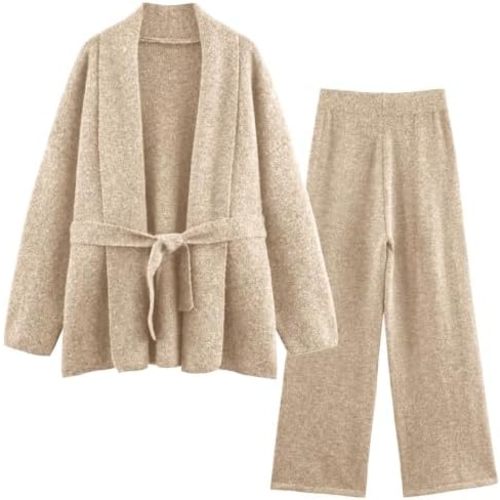 Women's 2 Piece Outfit Long Sleeve Belted Knit Cardigan Sweaters Elastic Waist Wide Leg Pants Casual Matching Set