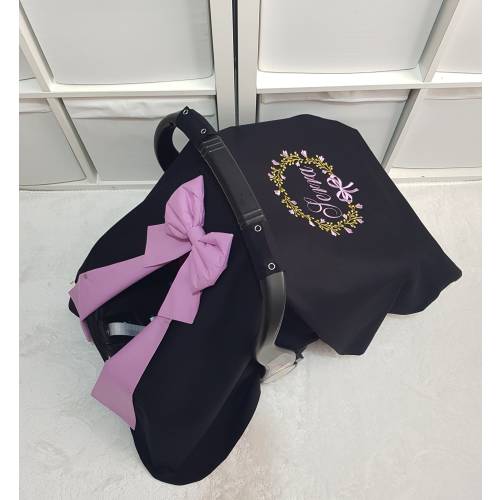 Black and Lilac Baby Car Seat Cover Girl with Gold and Lilac Floral Embroidery , Baby Carseat Canopy Cover Girl , Girl Baby Shower Gift