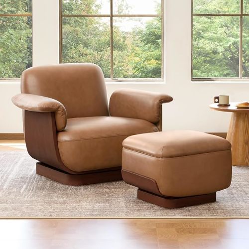 CHITA Genuine Leather Swivel Chair with Storage Ottoman, Modern Living Room Accent Chair with Lounge Seat for Bedroom, Office, Saddle