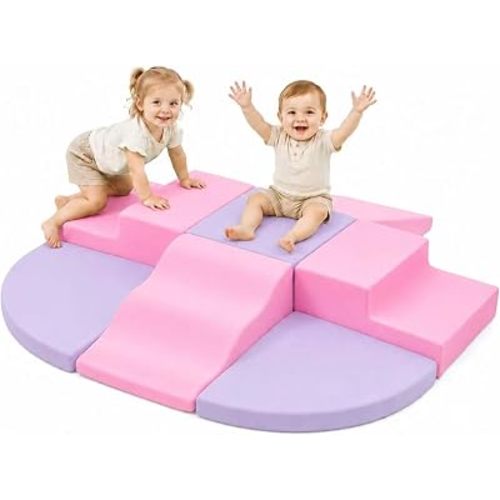 Soft Foam Climbing Blocks for Toddlers, 7-Piece Baby Foam Climbing Blocks, Indoor Climbing Toys, Ideal Gift for Kids Crawling and Sliding, Foam Activity Play Set - Pink & Purple