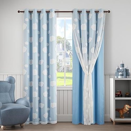 Blue Blackout Kids Curtains with Cloud-Pattern Sheer Overlay for Boys Bedroom Room Darkening Double Layer Grommet Drapes for Living Room 2 Panels Set, W52 X L84