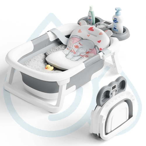 Aprpink Foldable Baby Bathtub Elephant PP+TPE with Soft Cushion&Thermometer for 0-36 Months Toddler Gray