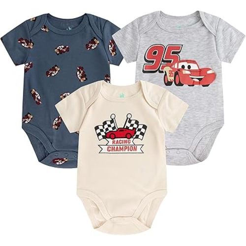 Disney Cars Lightning McQueen Baby Boys 3 Pack Bodysuit Creeper for Newborn and Infant