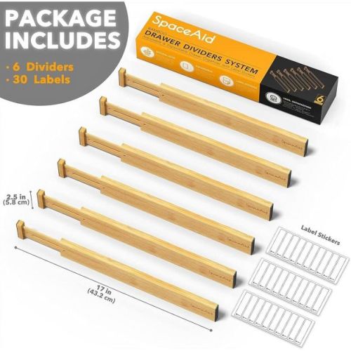 Set of 6 Bamboo Expandable Drawer Dividers with Labels (13.5-17 in)
