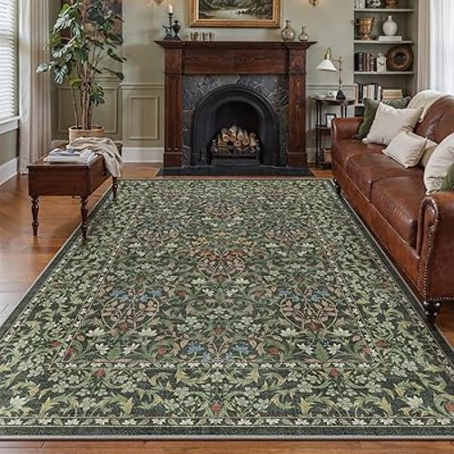 GENIMO Large 8x10 Area Rug for Living Room, Boho Floral Vintage Non-Slip Carpet, Soft Low-Pile Lightweight Indoor Rug, Stain Resistant Thin Rug for Bedroom, Dining Room, Nursery, Emerald Green