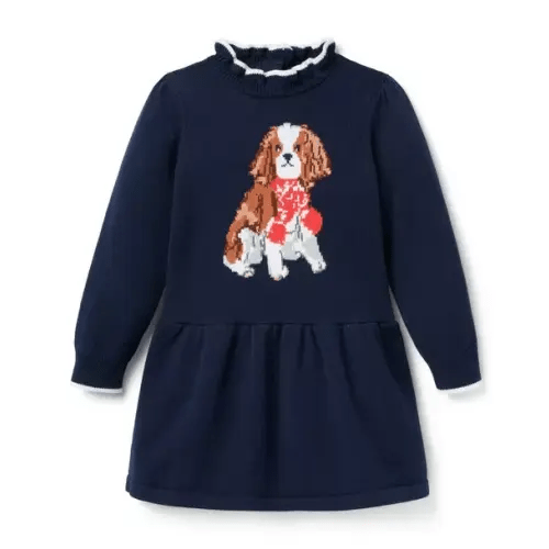 Girl Maritime Navy Gray Malin x Janie and Jack Dog Sweater Dress by Janie and Jack