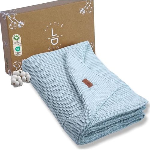 100% Organic Cotton Baby Knitted Blanket in Gift Box - Soft Toddler, Crib, Stroller Blanket - Neutral Swaddle and Receiving for Newborns, 30"x40", Baby Blue